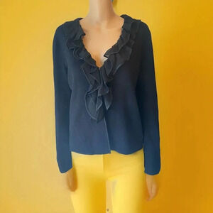 Y2K Jones New York Women's M Black Open Front Cardigan Satin Trim Ruffle Goth